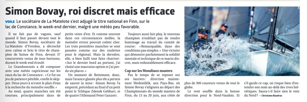 Lire la suite à propos de l’article Notre sociétaire Simon Bovay décroche le titre de Champion suisse en Finn à Arbon sur le lac de Constance
